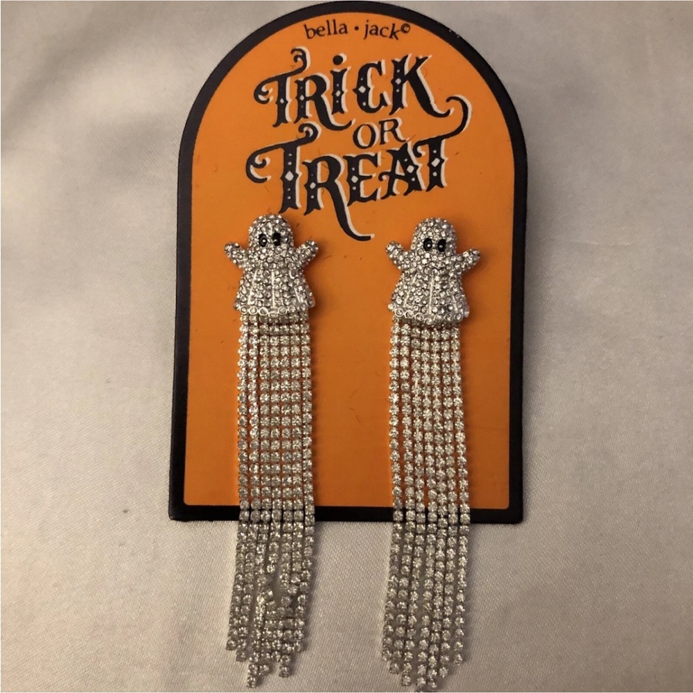 Bella+Jack Silver Tone Cubic Zirconia Ghost With Fringe Drop Earrings NWT